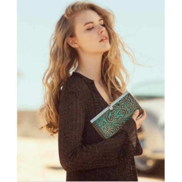 Patricia Nash Wallet Leather Framed Turquoise Cauchy Tooled - Picture 2 of 10